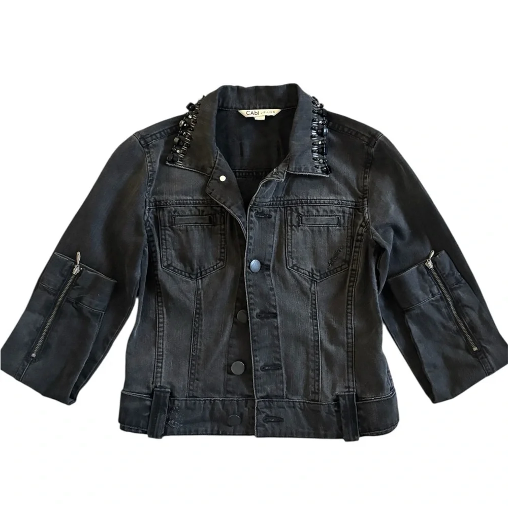 CAbi Jeans Jacket Womens XS Gray Denim Beaded Embellished Zip Cuff - Picture 2 of 4